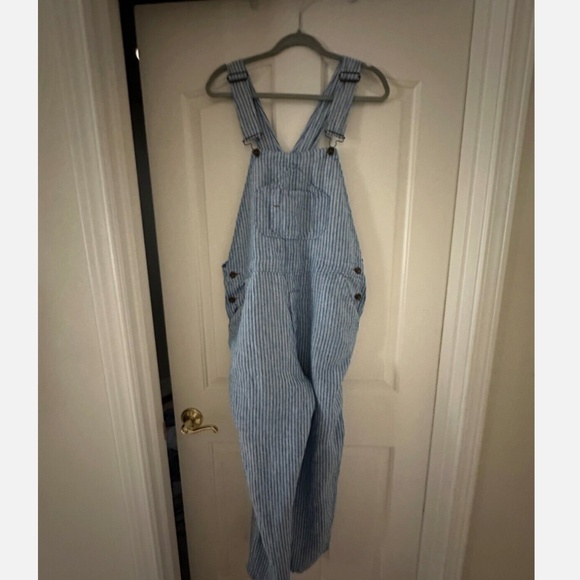 FAHERTY Linen Topsail Railroad Blue Stripe Mechanic Overalls Straight Leg Large - Picture 7 of 14